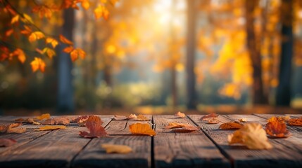 Wooden Bench in Autumn Forest with Leaves on Table.