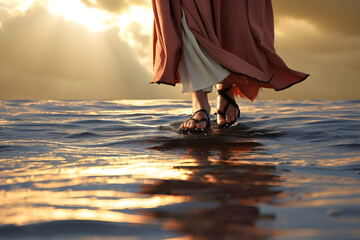 Jesus Christ walking on water at sea.