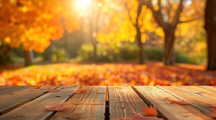 Wooden Bench in Autumn Forest with Leaves on Table.