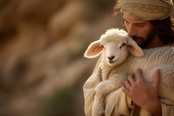 Foto op Canvas Jesus Christ recovered the lost sheep carrying it in arms. © ZayNyi