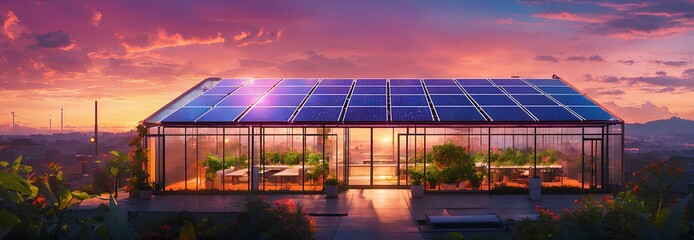 Panel solar energy photovoltaic power roof sun home cell system green house eco industry. Solar energy building panel future electric engineer technology ecology sunset nature station sky light work - obrazy, fototapety, plakaty