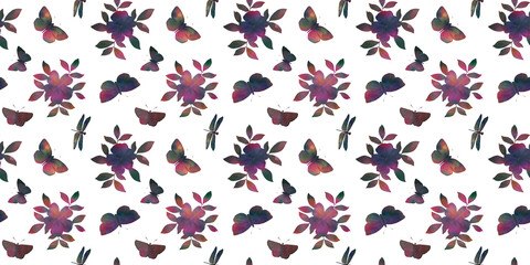seamless botanical pattern, watercolor flowers and butterflies on a white background