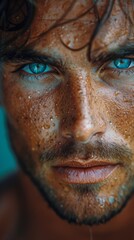 A close up of a man with blue eyes