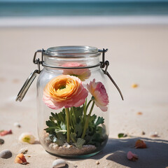 A Captivating Ranunculus Jar Amidst Beach Serenity AI GENERATED