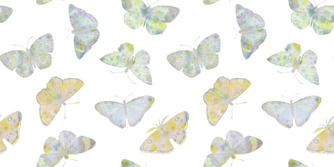 vintage print with colored butterflies, on a white background. Watercolor seamless background. Hand drawn illustration. Mixed media art