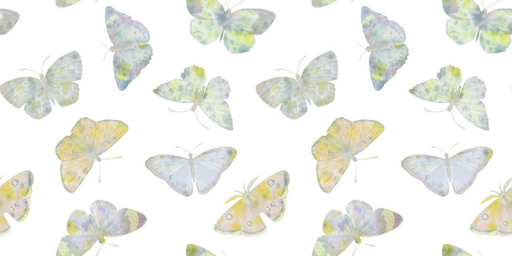 vintage print with colored butterflies, on a white background. Watercolor seamless background. Hand drawn illustration. Mixed media art