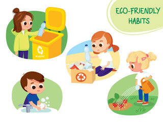 Eco friendly habits. Children, kids sorting waste, throw into the garbage bin. Eco friendly recycling illustration. Set of children doing waste sorting. Environmental protection.