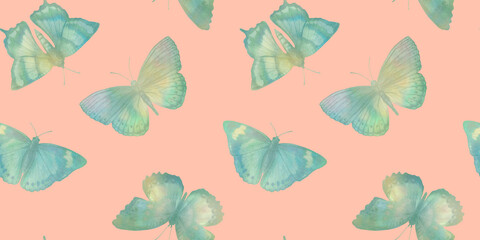 Seamless watercolor butterfly pattern in green on pink background