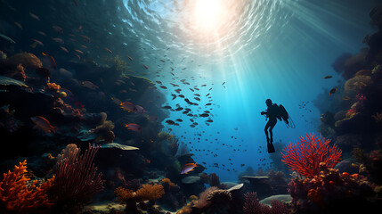 Fototapeta na wymiar beneath the enchanting sea, divers gracefully navigate through vibrant coral reefs, their silhouettes illuminated by the dappled sunlight