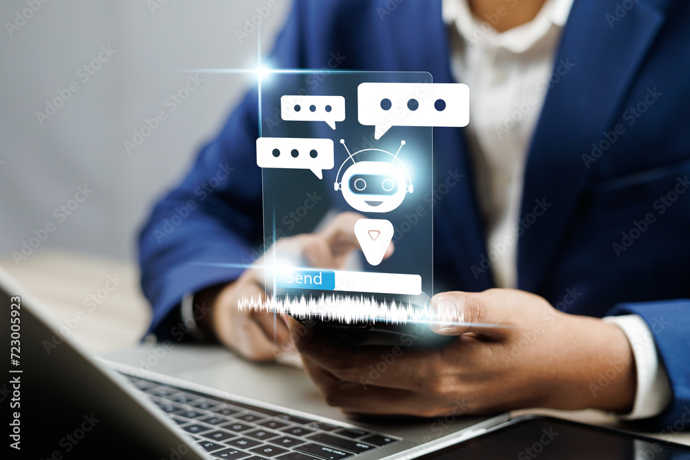 Poster Businessman using AI chatbot conversation assistant in app on device for virtual assistance and customer support digital communication, Contact us Online service with AI Chatbot for efficient support.