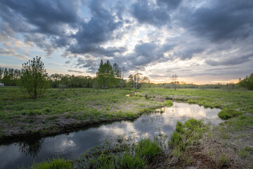 The sunset sky is reflected in the stream, a green field in the spring at sunset