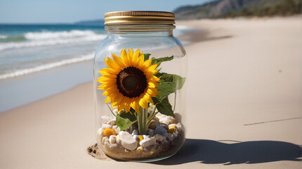 A Captivating Sunflower Jar Amidst Beach Serenity AI GENERATED
