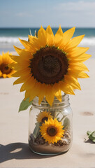 A Captivating Sunflower Jar Amidst Beach Serenity AI GENERATED