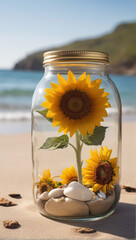 A Captivating Sunflower Jar Amidst Beach Serenity AI GENERATED