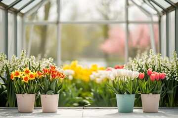 White Greenhouse Backdrop with Symmetrical Pastel Buckets and Blooming Tulips and Daffodils.