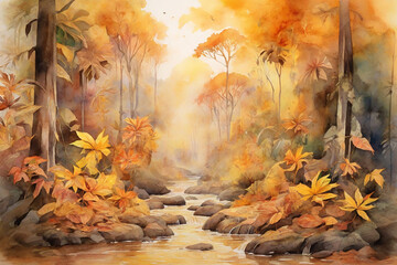 Watercolor painting of autumn forest with yellow leaves and water stream.