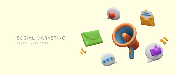 Concept of social marketing. 3D megaphone, envelope, letter, speech bubbles