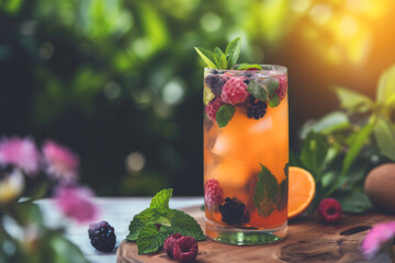 Delicious lemonade with soda water with fresh strawberry. Fresh summer cocktail. Red cocktail with soda and ice, green sunny summer garden background. Iced cold drink with fresh strawberry. Red refres