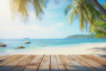 Empty wooden table top with view tropical beach.