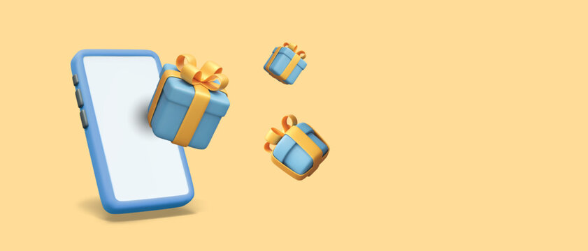 Concept of collecting gifts in phone application. Advertising of event, bonus program, special offer