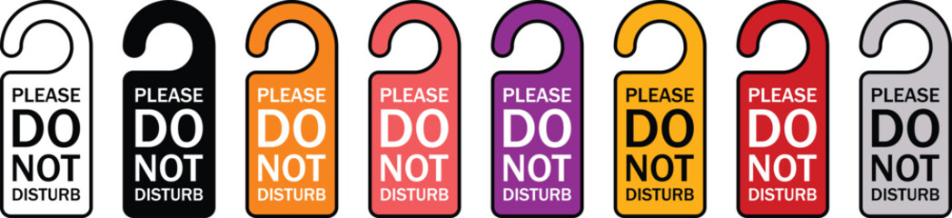 Please do not disturb hotel design, sign, icons collection. Lined and colored version. Vector illustration 