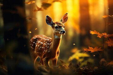selective shot of beautiful baby deer in the forest generative ai