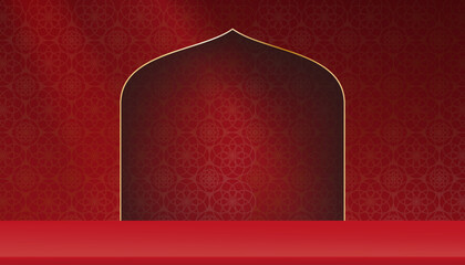 Ramadan Background,Islamic art deco with Window gold frame decoration and podium table top on red background,Vector Arabic pattern geometric for Eid al fitr,Eid al Adha,Eid Mubarak,Muharram card
