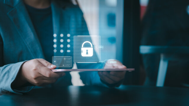 Cybersecurity Check Businessman's Hands Navigate Virtual Screen for Secure Login and Numeric Identity Entry - Powered by Adobe