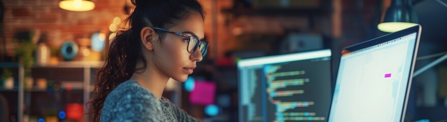 Woman Wearing Glasses Attentively Looks at Computer Screen While Working