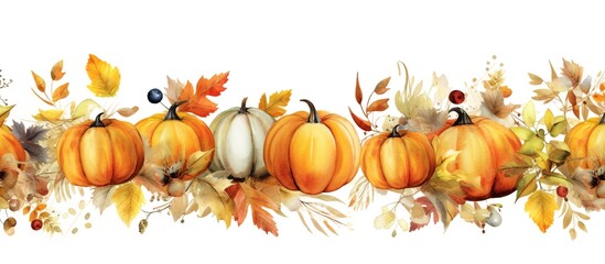 Naklejka na ściany i meble Watercolor autumn set. Pumpkin Acorn Berries Leaves Illustration