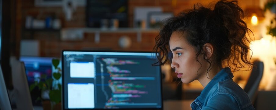 Woman Concentratedly Analyzing Data on a Computer Screen