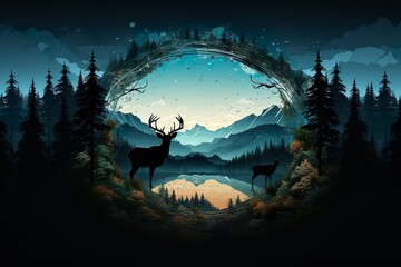 Fototapeta premium silhouette of reindeer in the forest generative ai