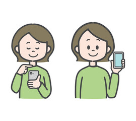 スマホを持った笑顔の女性　スマホに入力する女性