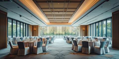 Fototapeta premium Elegant white empty big Banquet Hall. Luxurious empty banquet hall with glossy floors.