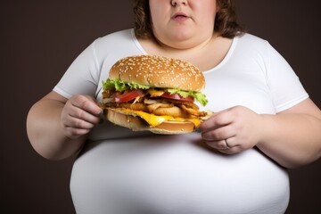 Fat woman with big hamburger on brown background. Overweight. Overeating Concept. Obesity Concept with Copy Space.