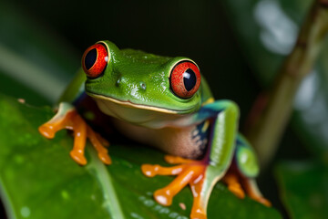 Red-eyed tree frog sitting on a branch. Red Eyed Tree Frog, on a Leaf with Black Background. Gliding frog , animal closeup, Gliding frog sitting on moss, Indonesian tree frog.