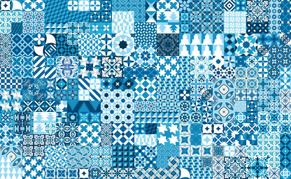 Seamless pattern with portuguese tiles. Vector illustration of Azulejo on white background. Mediterranean style. Multicolor design.