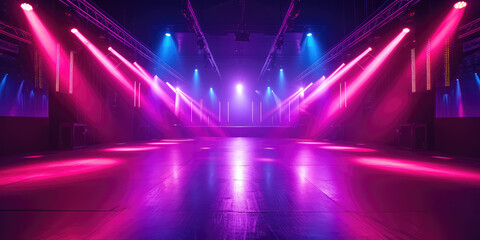 Fototapeta na wymiar Pink Neon Lit Empty Nightclub with Dance Floor. An empty nightclub with vibrant neon lights and a spacious dance floor, copy space, template for background.
