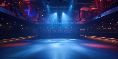 Neon Lit Empty Nightclub with Dance Floor. An empty nightclub with vibrant neon lights and a...