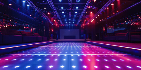 Neon Lit Empty Nightclub with Dance Floor. An empty nightclub with vibrant neon lights and a spacious dance floor, copy space, template for background. - obrazy, fototapety, plakaty