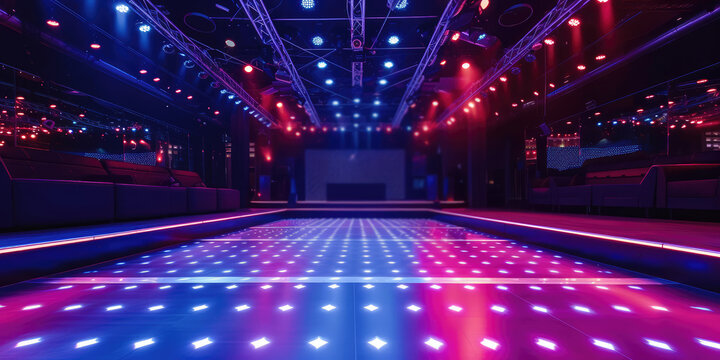 Neon Lit Empty Nightclub with Dance Floor. An empty nightclub with vibrant neon lights and a spacious dance floor, copy space, template for background.