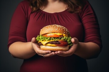 Woman holding a hamburger on a dark background. Overweight. Overeating Concept. Obesity Concept with Copy Space.