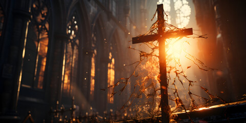 Cross in church with sunshine