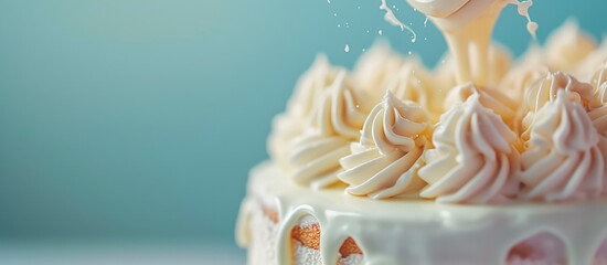 Pastry Bag Decorating Cake with Whipped Cream. Close-up of a pastry bag applying creamy swirls on a cake, copy space. - obrazy, fototapety, plakaty