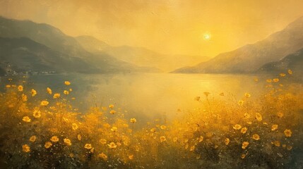Painting of soft tone asthetic golden flowers mountainscape, yellow and sunny and gentle in style Claude Monet - obrazy, fototapety, plakaty