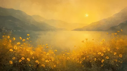Fotobehang Painting of soft tone asthetic golden flowers mountainscape, yellow and sunny and gentle in style Claude Monet © David