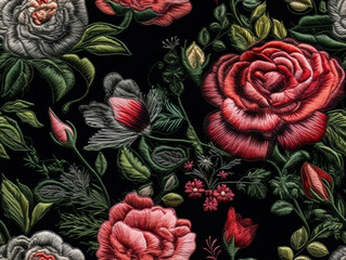 Seamless embroidery red roses pattern on black background, fabric design. Generative ai