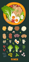 Ramen in bowl on table. Top view. Illustration with japanese soup, Ingredients in flat style. Asian food: miso, nori, rice, noodles, pork, soybean, kamaboko, Enoki, Bok choy. Vector round composition.