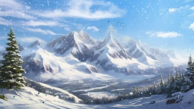 winter mountain scenery with snow, Cartoon or anime watercolor painting illustration style. seamless looping virtual video animation background.