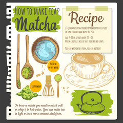 Food sketchbook with japanese traditional matcha tea. Recipes. Food in the sketch style. Vector illustration of ethnic cooking. National tea ceremony. Cookbook. - 723011394